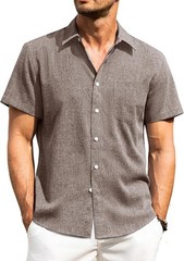 Men’s Linen Shirt Short Sleeve Button Down Wrinkle Free Casual Summer Beach Top