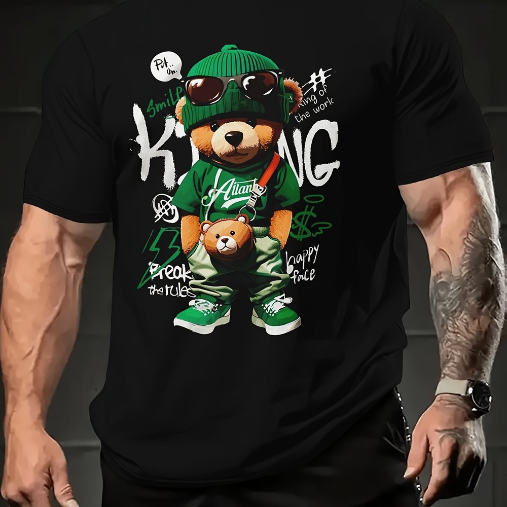 2024 Summer Trendy Men’s T-shirt – Cool Bear Pattern, Soft Polyester Fiber, Roun