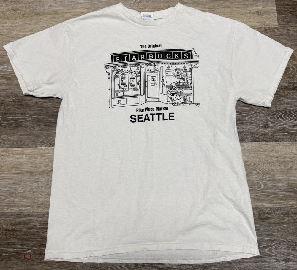 The Original Starbucks Pike Place Market Seattle WA. Shirt Mens Sz M White Tee