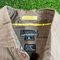 Vintage Oakley Logo Print Button Up Shirt Brown Stripe Y2K Mens Large Skate