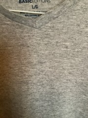 Basic Editions V-Neck T-Shirt-Gray Heather-Short Sleeve-Cotton Poly Blend-Large