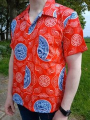 Mens Red Blue Chinese Dragon Hawaiian Summer Travel T Shirt Short Sleeve Size XL