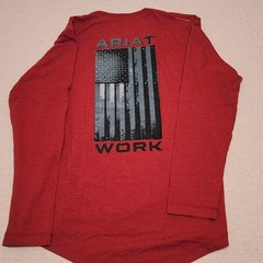 Ariat Rebar Long Sleeve Work Shirt Red, Flag Graphic on Back Mens Small *FLAW*