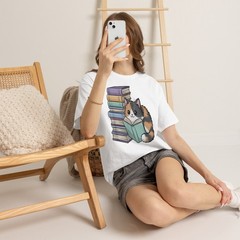 Cat on Books Pets Reading Nerd Reader Gift Women Men Tee