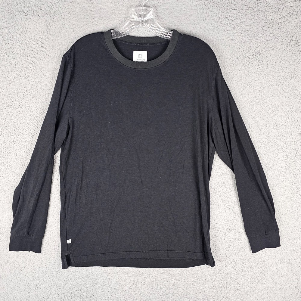 Leisure Lab Pullover T-Shirt Mens 3 Black Stretch Long Sleeve Round Neck Slit