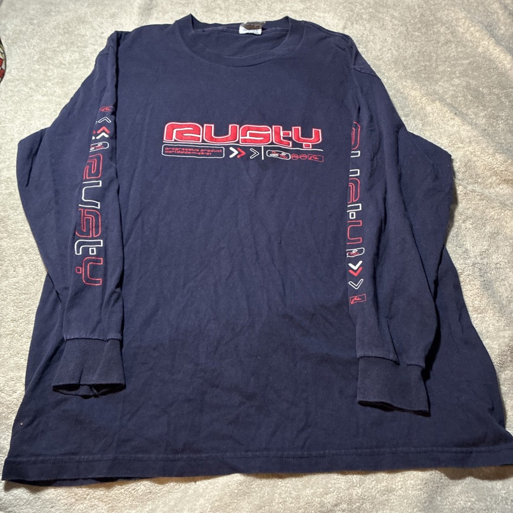 Vintage Rusty Surf Long Sleeve Shirt L Hipster Y2K Skate USA 2001 Rave Techno