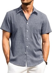Men’s Linen Shirt Short Sleeve Button Down Wrinkle Free Casual Summer Beach Top
