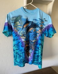 Vintage 90s Y2K Liquid Blue Aquatic Oceanlife Tie Dye Shirt Medium Fish Animals
