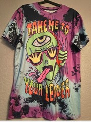 Tie-Dye Alien Graphic “Take Me To Your Leader” Crew Neck T-Shirt L