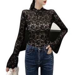 Women Long Sleeves Blouse Turtleneck T-shirt Stretch Lace Bottoming Tops