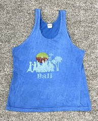 Vintage 1970s Blue Bali Tank Top 777 Aseli Tag Rare Double-Sided Travel Souvenir