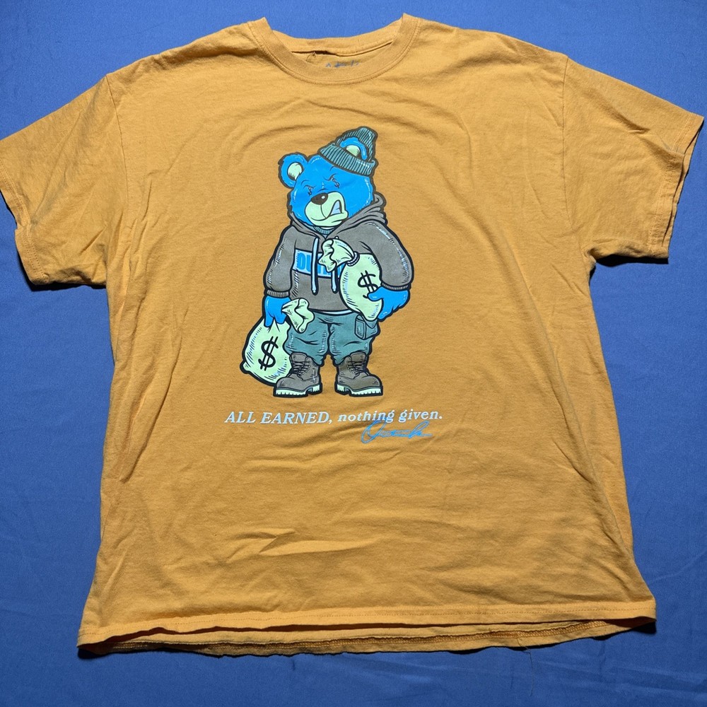 Outrank T-Shirt XL Orange Blue Bear Graphic Money Bags “All Earned” Streetwear