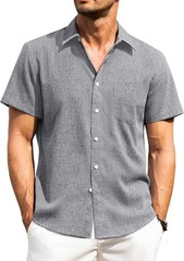 Men’s Linen Shirt Short Sleeve Button Down Wrinkle Free Casual Summer Beach Top