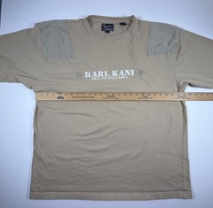 Vintage Karl Kani Men’s T-Shirt Size 2XL Tan Beige Hip Hop Shoulder Patches Y2K