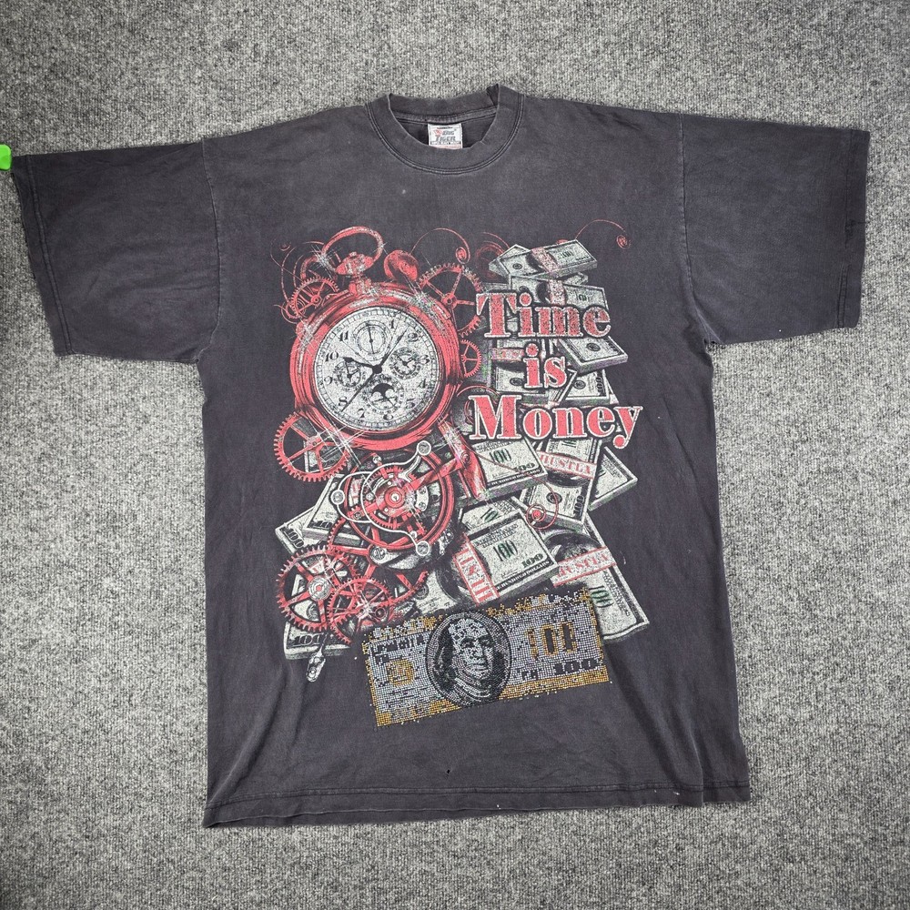 Y2K Big Tiger Time Is Money Rhinestone Graphic T Shirt Mens 2XL Tall Faded Black