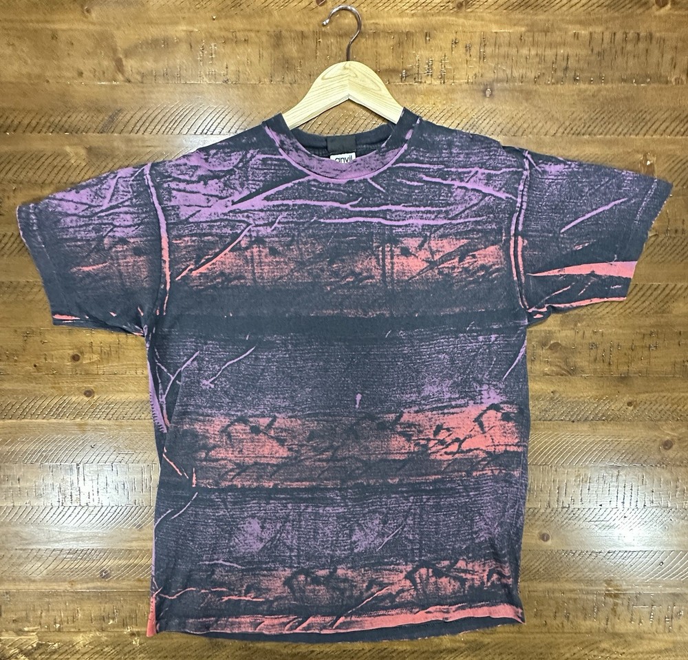 VTG Anvil Acid Wash Grunge T Shirt XL Black Purple Pink USA Made 90s Style