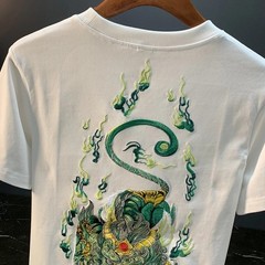 Men Embroidery Dragon Graphic T-Shirt Casual Short Sleeve Crewneck Cotton Tee