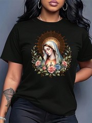 Women’s Short-Sleeve Top With Virgin Mary Floral Print, Round Neck