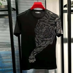 New Hot Drilling Fashion 3D Tiger Rhinestones Summer Luxury Men Black T-Shirt