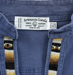 Artesania Landa Pullover Shirt Size XL Blue Embroidered Trim V-Neck Peru Cotton