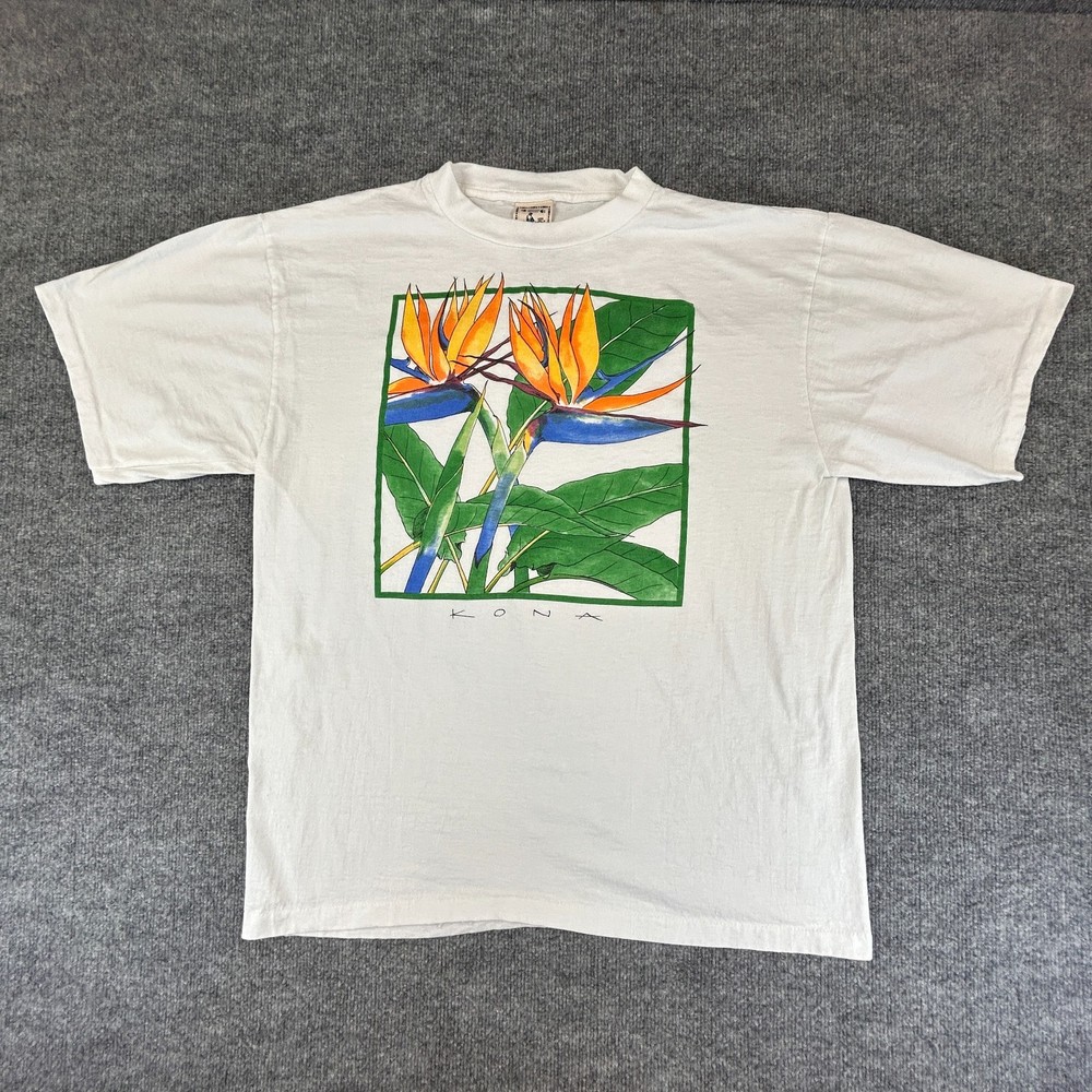 VTG Hawaiian Shirt Mens XL White Alore Kona Birds of Paradise Single Stitch 90s