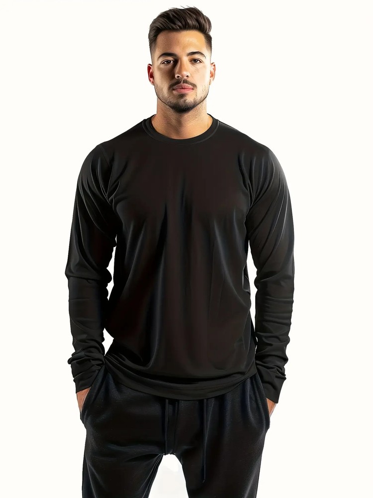 men’s solid color round ne long sleeved T-shirt, versatile design, co