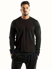 men’s solid color round ne long sleeved T-shirt, versatile design, co