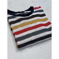 Mens Colorful Striped Crochet Open Knit Mesh short sleeve t Shirt Size XL