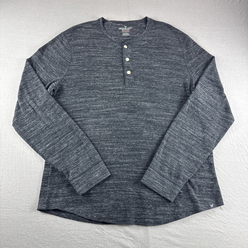 American Eagle Active Flex Henley Mens L Gray Heather Long Sleeve Base Layer Top