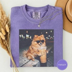 Funny Pomeranian Drinking Iced Coffee Shirt, Animal Meme Tee T-Shirt