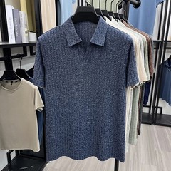 Men’s Breathable Knitted Polo Tee Short Sleeve V Neck Striped Fabric Lightweight