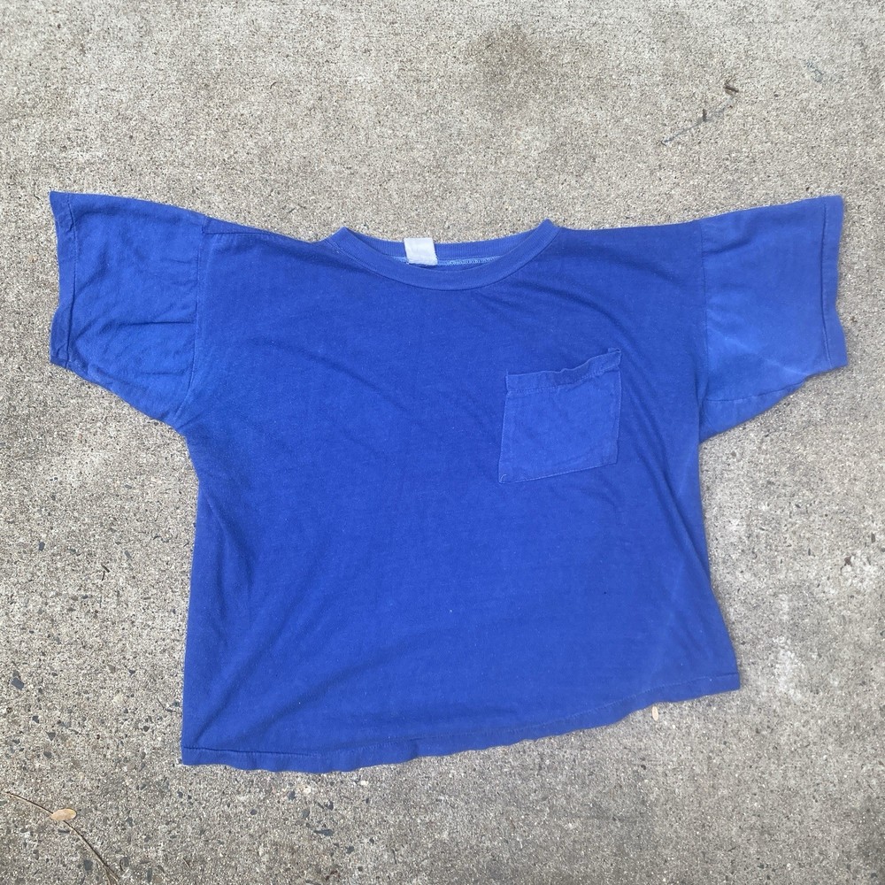 Vintage 50s 60s Blue Pocket Tee Shirt Cotton Single Stitch Blank Cropped Boxy