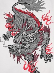 Niepce Men’s Dragon with Red Flames Embroidery Tee Japanese Streetwear T-Shirt