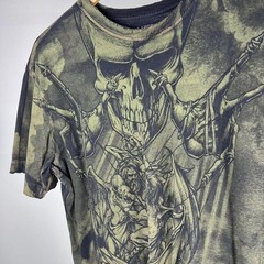 Green and black skull and angel graphic tee affliction puppet master god rare