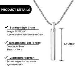 Bar Tungsten Steel Necklace for Men Women, 18K Gold Plated/Silver Color Pendant