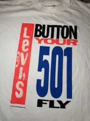 Vtg 90s BUTTON YOUR FLY LEVI’S 501 Tab Variant T Shirt Neon XL Single Stitch USA