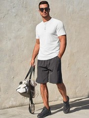 Men’s Henley Shirt Short Sleeve Casual Ribbed Knitted Summer T-Shirt XL