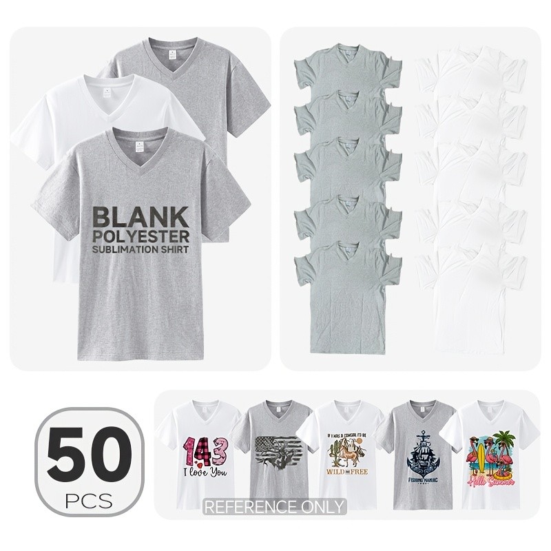 50 Pack V-Neck Sublimation Blanks T-Shirts Mixed Sizes White Grey Polyester