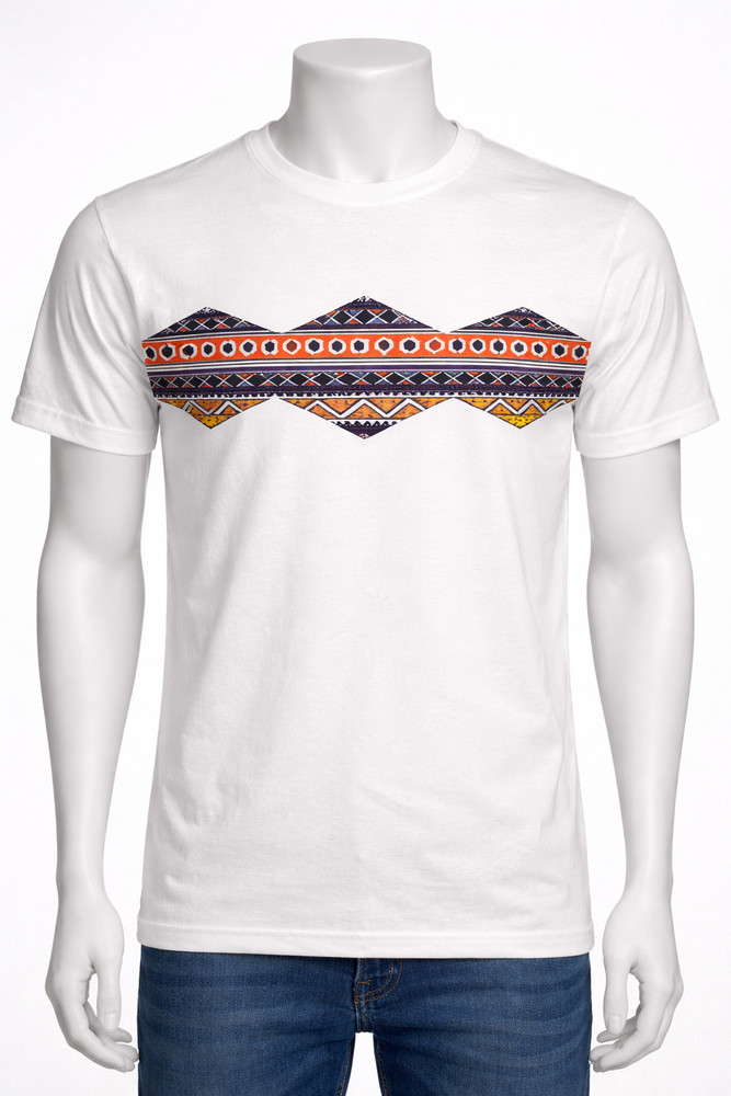 2XL Geometric Art Print T-Shirt Black Tribal Band Tee | White Ethnic Shirt