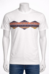 2XL Geometric Art Print T-Shirt Black Tribal Band Tee | White Ethnic Shirt