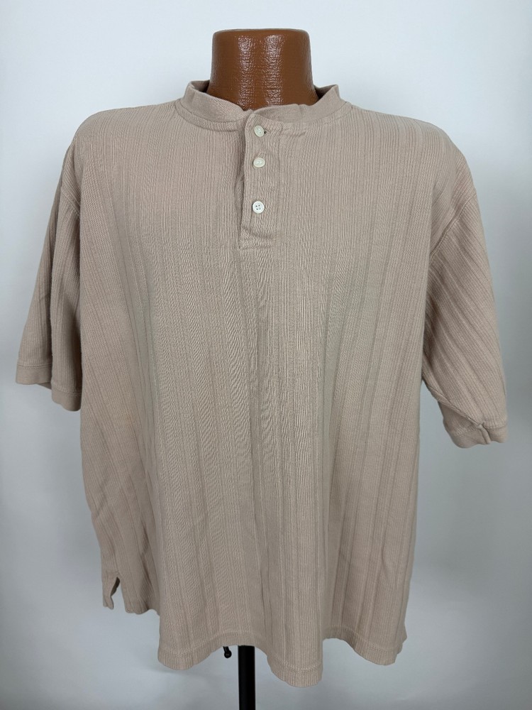 Vintage 90s Ribbed Henley Shirt Men XL Boxy Fit Minimal Casual Midweight Cotton