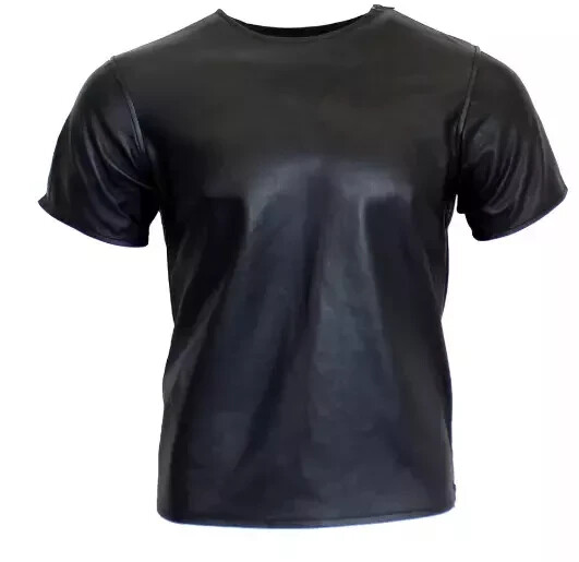 Men T-Shirt Black Stylish Handmade Lambskin Genuine Leather Casual Soft Summer