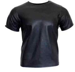 Men T-Shirt Black Stylish Handmade Lambskin Genuine Leather Casual Soft Summer