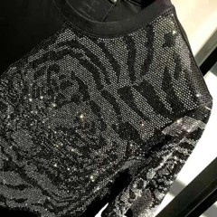 New Hot Drilling Fashion 3D Tiger Rhinestones Summer Luxury Men Black T-Shirt