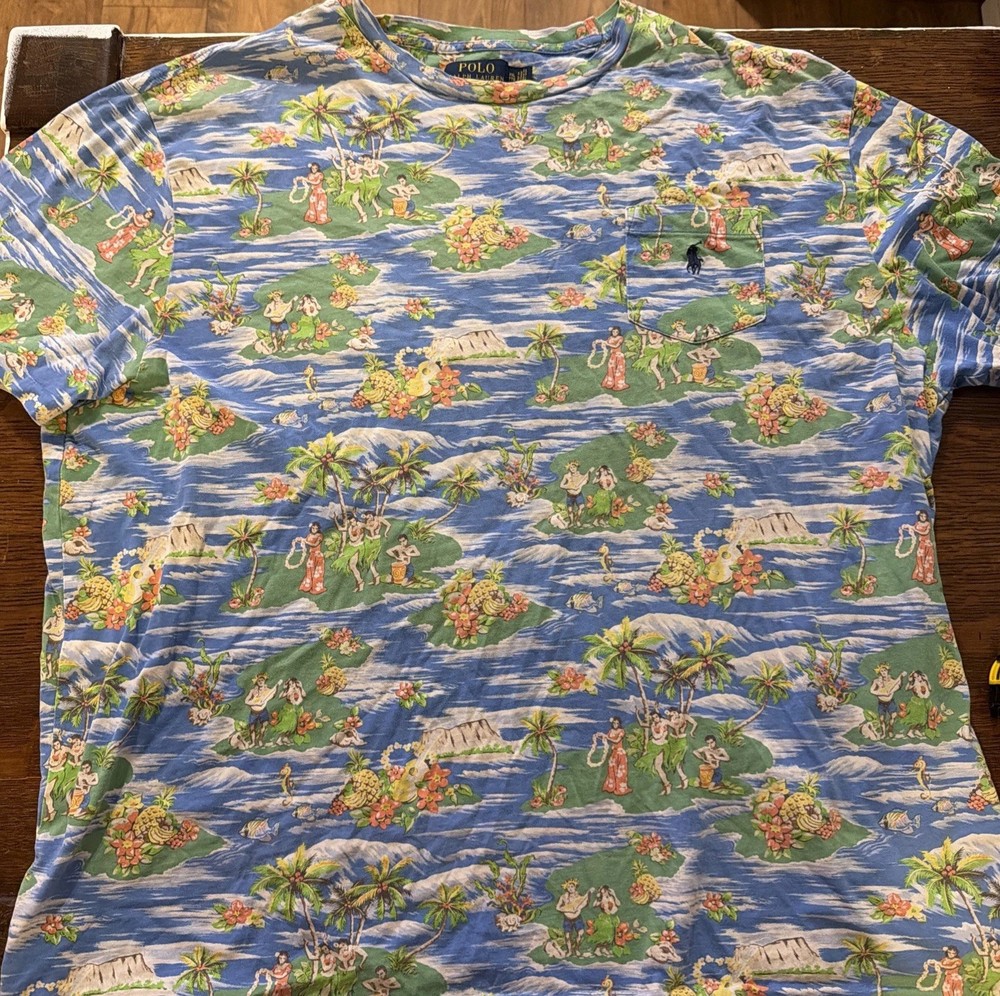 Polo Ralph Lauren All Over Print Hula Girl Hawaiian Shirt Pocket Tee Size Large
