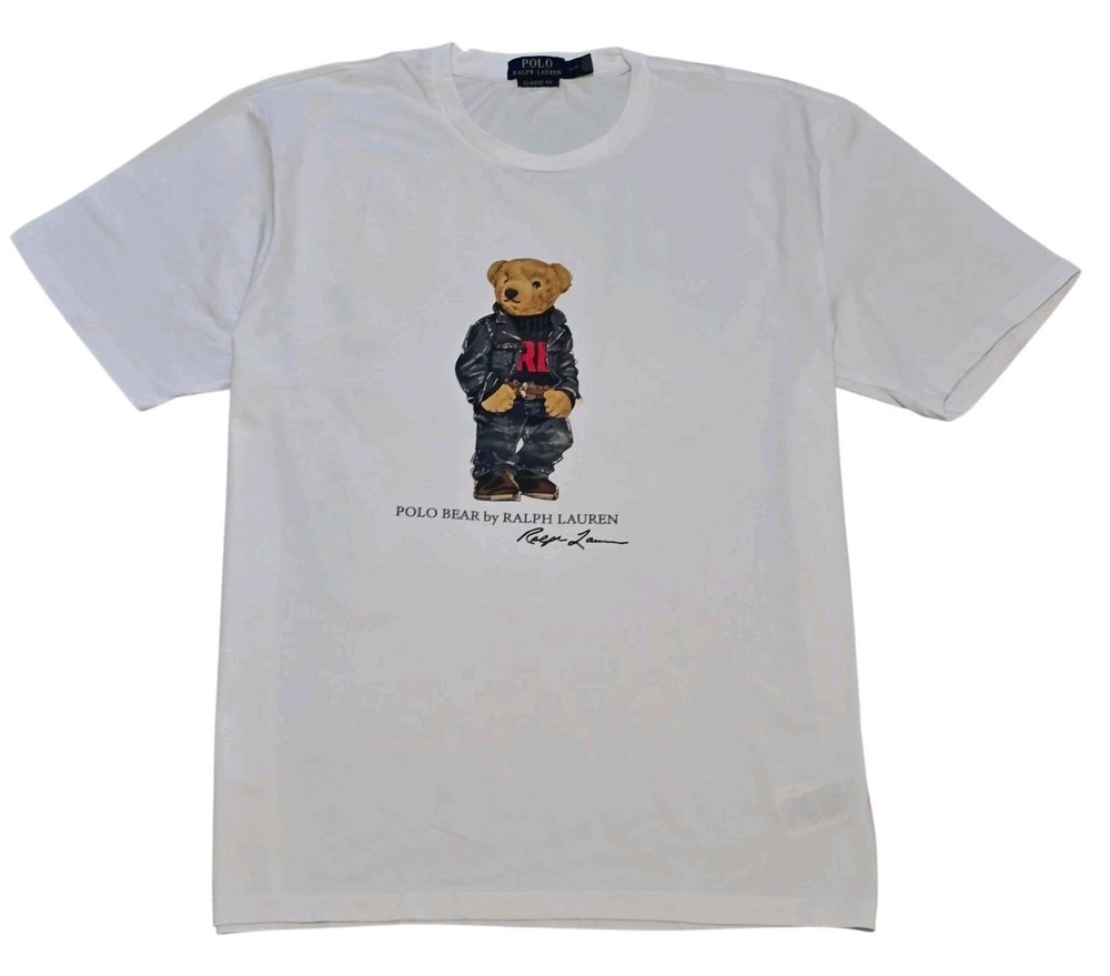 Polo Ralph Lauren Classic Fit Polo Bear Denim Crewneck Jersey T-Shirt White