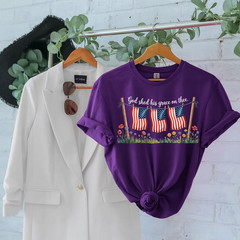 God Shed His Grace Graphic Tee Christian Patriotic Shirt Vintage Flag Apparel