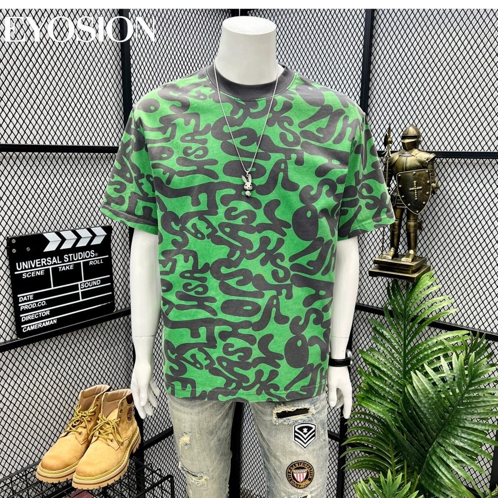 Men’s Green Graphic T-Shirt Vintage Abstract Print Cotton Casual O-Neck Tee