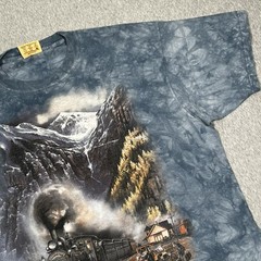 Vintage The Mountain Steam Train Shirt Mens XL Blue Tie-Dye Railroad Art Tee 90s