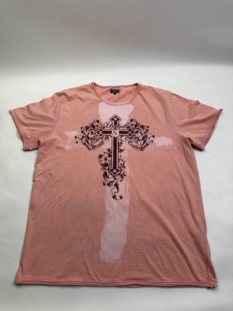UNIFIED Pink Floral Cross Graphic Motif T Shirt Mens Sz XL Designer Hand Crafted